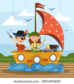 Dos niños pequeños jugando a ser piratas usando disfraces y parados en un bote de madera con vela en un escenario, dibujos animados de color ilustración vectorial