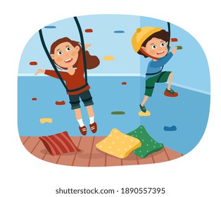 Two young children playing on a climbing wall with colorful footholds indoors, colored cartoon vector illustration