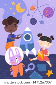 Two young children playing with a spaceship, stars and planets and rabbit in astronaut suit in their nursery in a colorful Vector Cartoon illustration