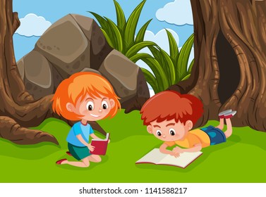 Two Young Children Reading Park Illustration Stock Vector (royalty Free 