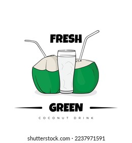 Two young coconut with straw and coconut water in a glass design for healthy drink template design