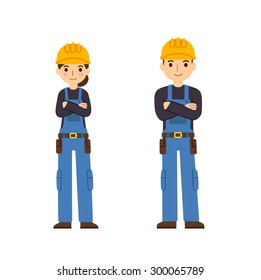 Two young construction workers, male and female, in cute flat cartoon style. Isolated on white background.