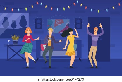 Two young couple enjoying a party at home dancing and celebrating in the living room, colored vector illustration