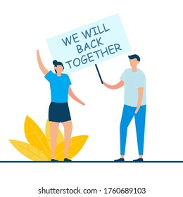 Dos jóvenes parejas sosteniendo que vamos a volver juntos a firmar. Diseño de caricaturas planas para página de inicio, móvil web y banner.