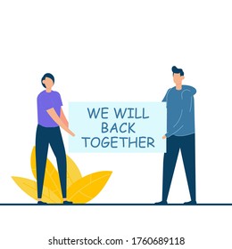 Dos jóvenes parejas sosteniendo que vamos a volver juntos a firmar. Diseño de caricaturas planas para página de inicio, móvil web y banner.