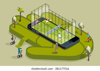 Two young couples of attractive young sportmen and sportwomen playing in a padel court iinside on a giant smart phone. Other men and women around making online booking  with their smartphones.