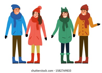 Two young couples in love in winter clothes standing and holding hands. Color flat vector illustration of people on a white background for use in nature pictures and outdoor activities.