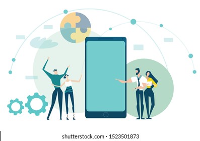 Two young couples staying infant of the mobile phone, digital device. Modern way of communication. open world concept. 