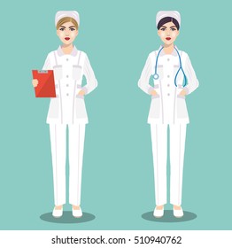 Two young cute nurse in medical uniform with a stethoscope and outpatient card. Vector illustration.