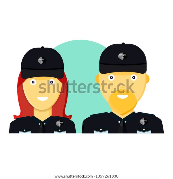 Two young cute, smile male, female security\
guard protection in black uniform, black cap. Woman, man escort\
security workers. Modern flat style vector illustration icons.\
\
Isolated on white\
background