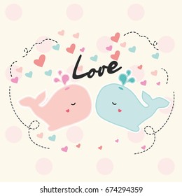 Two young, cute whale. Vector illustration with whales and hearts about love. Two whales in love kiss. Card, poster or t-shirt design.