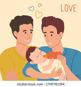 Two young dads feed their son from a bottle. Loving gay couple with a baby in her arms. Near hearts and the inscription Love. Vector illustration in a flat style isolated on a beige background.