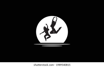 two Young Dancers  girls at beach behind full moon  Silhouette icon logo design 