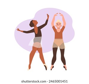 Two young dancers practice ballet moves. Vector illustration set with kids in dance class wearing tutus and pointe shoes.