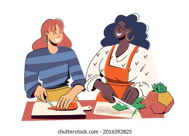 Two young different beautiful women cut vegetables, cook together. A culinary master class or just a meeting of friends in a modern kitchen. Vector illustration isolated on white background