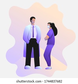 Two young doctors, a man and a woman in uniforms, are talking. Professional dialogue, establishing diagnosis. Medical concept in flat modern illustration cartoon style. People communicating. 