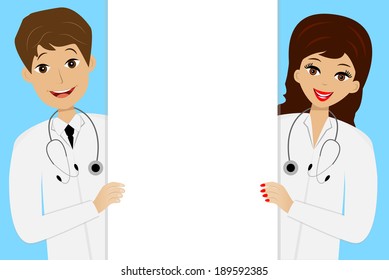 two young doctors man and woman on blue background, vector illustration