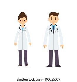 Two young doctors, man and woman, in cute flat cartoon style. Isolated on white background.