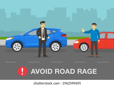 Two young drivers about to fight on the road. One driver shows stop gesture. Avoid road rage warning design. Flat vector illustration template.