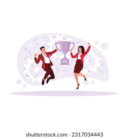 Two young employees jumped high while carrying a big trophy and celebrating team victory happily. Trend Modern vector flat illustration.