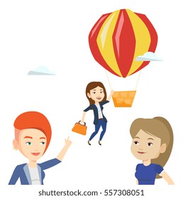 Two young employees looking at their successful colleague. Hardworking worker flying away in a balloon from her less successful colleagues. Vector flat design illustration isolated on white background