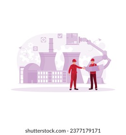 Dos jóvenes ingenieros están parados en una pesada fábrica industrial de manufactura discutiendo un nuevo proyecto. Concepto de ingeniería. Ilustración plana vectorial moderna de tendencia
