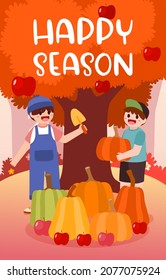 Two young farmer men harvest pumpkins and apples in autumn, cartoon character, flat design vector illustration