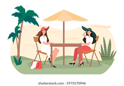 Two young fashionable female friends sitting in cafe outdoors. Two female characters dressed in beautiful clothes chatting on terrace with umbrella on summer vacation. Flat cartoon vector illustration