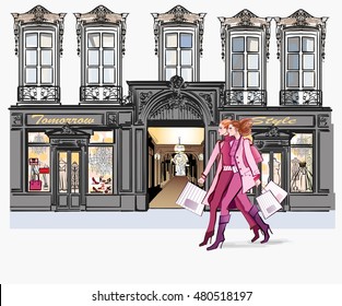 Two young fashionable women shopping - vector illustration