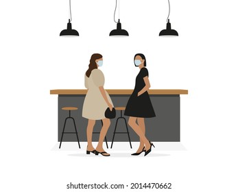 Two young female characters in beautiful dresses and medical masks stand near a bar table on a white background
