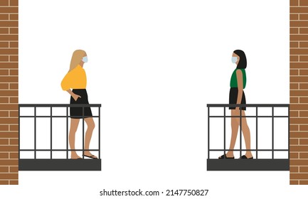 Two young female characters in medical masks stand on opposite balconies on a white background