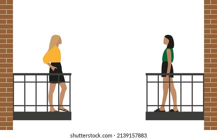 Dos jóvenes personajes femeninos se paran en los balcones opuestos sobre un fondo blanco
