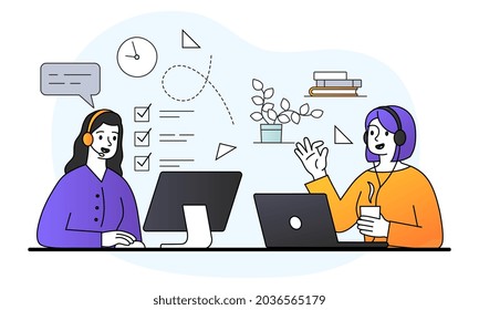 Two young female characters are working on computers in the office together on white background. Concept of hybrid workplace with employees working from office. Flat cartoon vector illustration