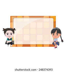 Two young female models, cartoon characters, vector and large square frame