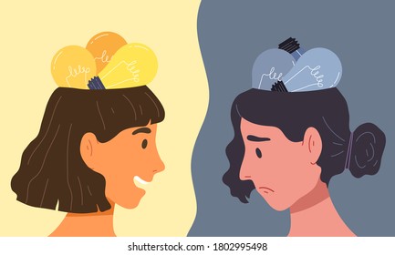 Two young female; one smiling with bright idea and the other feeling sad with no idea. Concept of brainstorm, project discussion, opposite emotion. contrary, light bulb sign. Flat vector illustration.