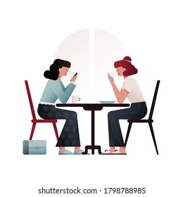 Two Young Female Sitting Next to Each Other in Cafe Using Own Smartphones While Expecting Meal on Isolated Background. Fashion Girls Concept. Website Template. Landing Page.