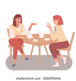 Two young females are sitting at table and talking in cafe. Meeting women in public place, having tea in restaurant,conversation, eating. Flat vector illustration