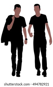 Two young friends walking in the park and talking