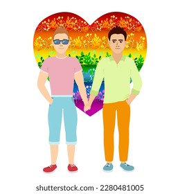 two young gay men holding hands together rainbow colored heart background  LGBT couple  love concept  vector illustration 