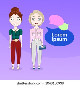 Two Young Girl With Chat Cloud Cute Women Communication Concept