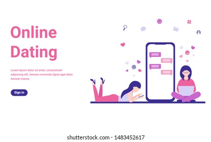Two young girl chatting with each other on phone application. Flat concept vector illustration for web page, website, banner.