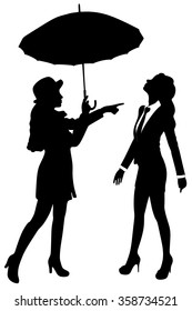 Two young girl friends standing together with umbrella