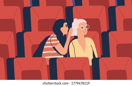 Two young girl friends whispering at movie theater. Women discuss gossip, tell secret, laugh, watch film in empty cinema hall, wearing glasses. Moviegoer at premier in flat vector cartoon illustration