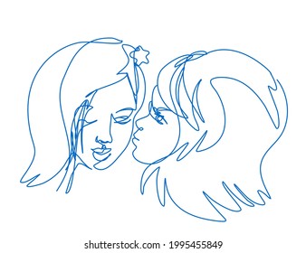 Two young girl gossiping in continuous line art style. Women telling stories. Ladies communicating. 