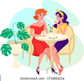 Two young girl sitting at cafe table isolated on white, vector illustration in flat cartoon style. Two girlfriend drinking coffee and talking. Two female characters having a conversation and sitting