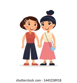 Two young  girlfriends holding hands.
Funny cartoon character. Vector illustration. Isolated on white background
