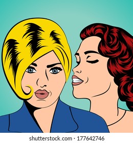 Two young girlfriends talking, comic art illustration in vector format