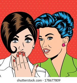 Two young girlfriends talking, comic art illustration in vector format