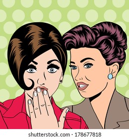 Two young girlfriends talking, comic art illustration in vector format