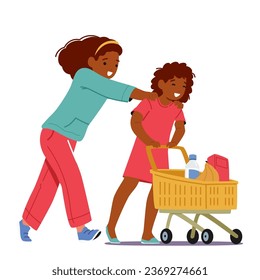 Two Young Girls Characters, Giggling With Excitement, Navigate A Bustling Supermarket Aisle, Pushing Their Miniature Shopping Cart Filled With Colorful Groceries. Cartoon People Vector Illustration